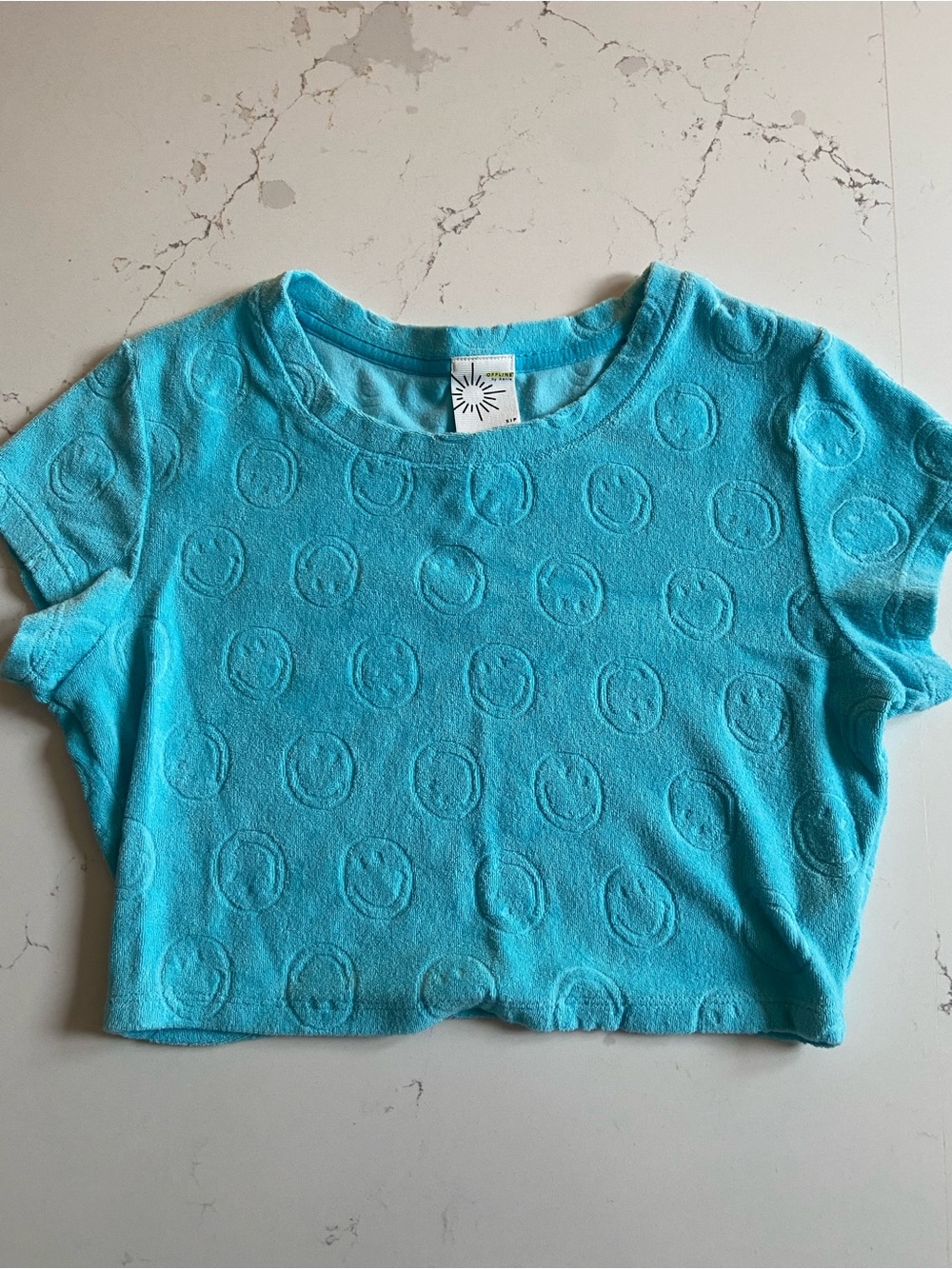 aerie Blue Terrycloth Short Sleeve Smiley Face Crop Tee